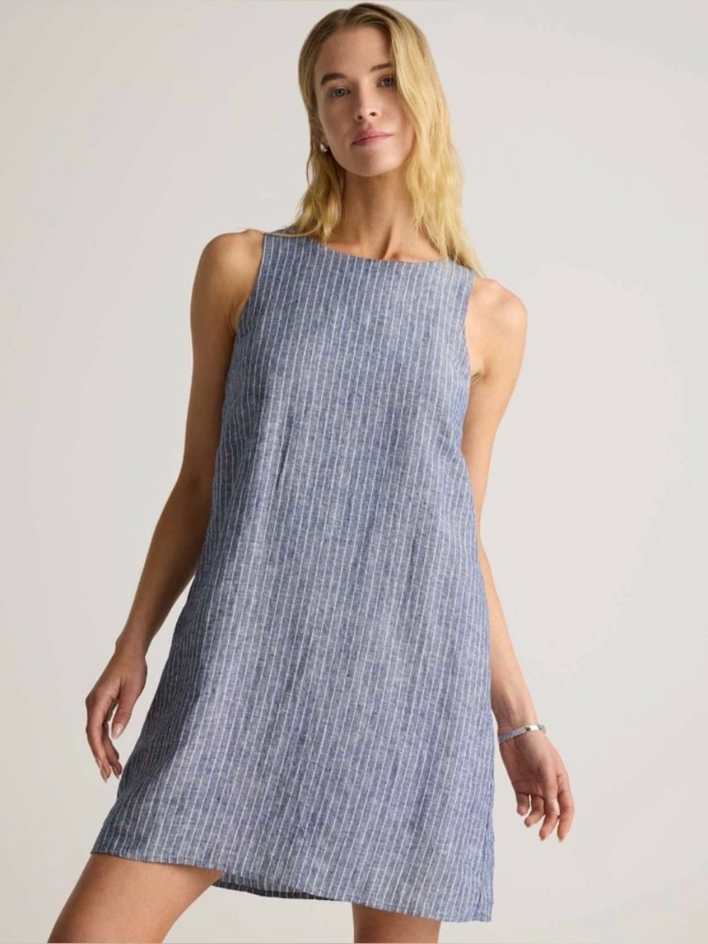 Perfect quince 100% European Linen Tank Sleeveless Mini Dress Striped Blue s